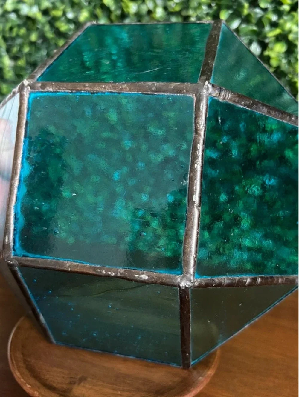 Blue Teal Stained Glass Leaded Geometric Display Bowl 7.5”